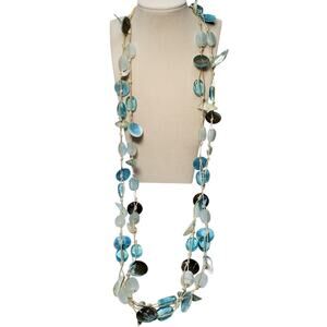 Blue Glass Bead Shell Multi Strand Necklace Extra Long 32" Beachy